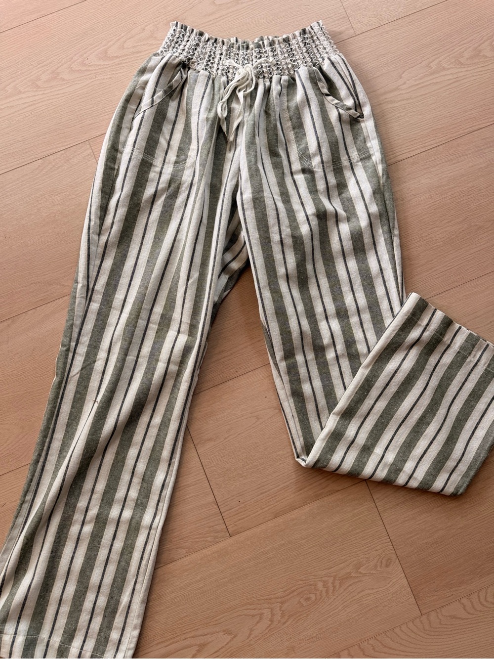 Ci Sono Olive & White Striped Wide Leg Drawstring Pants